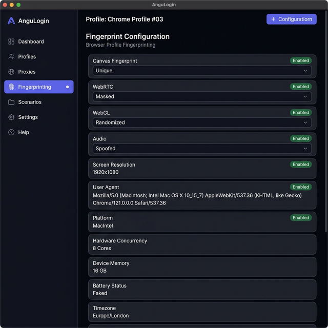 AnguLogin Fingerprint Config view