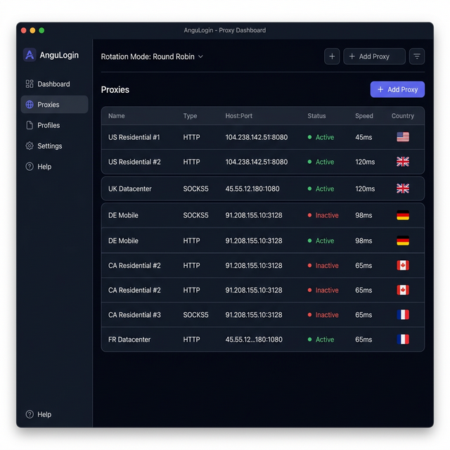 AnguLogin Proxy Setup view